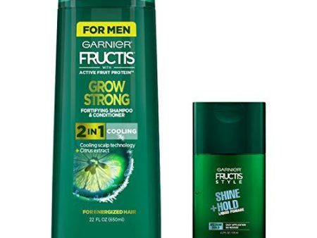 Garnier Hair Care Fructis Men s Grow Strong Cooling 2N1 Shampoo and Conditioner with Cooling Scalp Technology, Shine and Hold Liquid Pomade for Men, No Wax, 1 Kit For Cheap