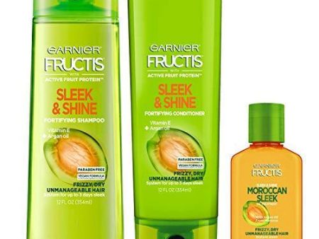 Garnier Hair Care Fructis Sleek & Shine Shampoo, Conditioner, and Moroccan Argan Oil Treatment, For Frizzy, Dry Hair, Paraben Free, 1 Kit Online